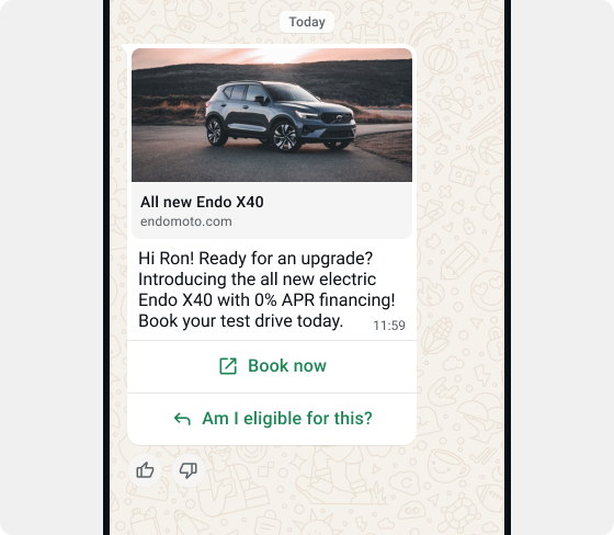 Current WhatsApp Business marketing message with a quick reply mixed in with the action CTA